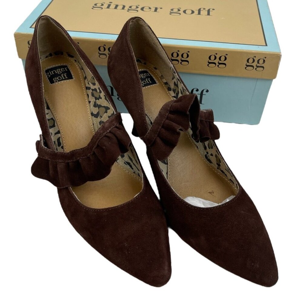Anthropologie Ginger Goff Alfie Brown Kid Suede Pump Ruffle Button Strap Size 8M